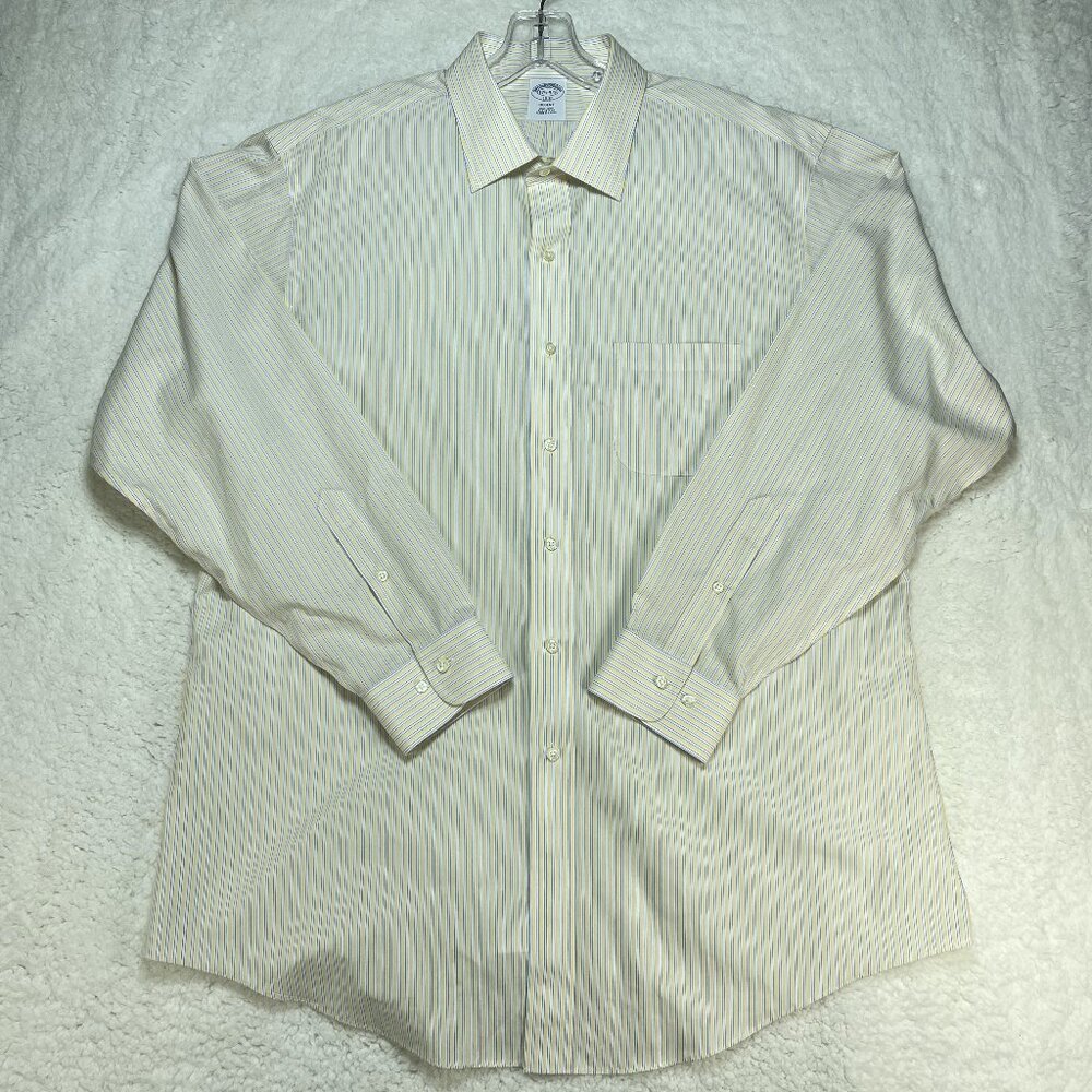 Brooks Brothers Shirt Mens Size 17.5 XL Yellow Striped Standard Fit No Iron